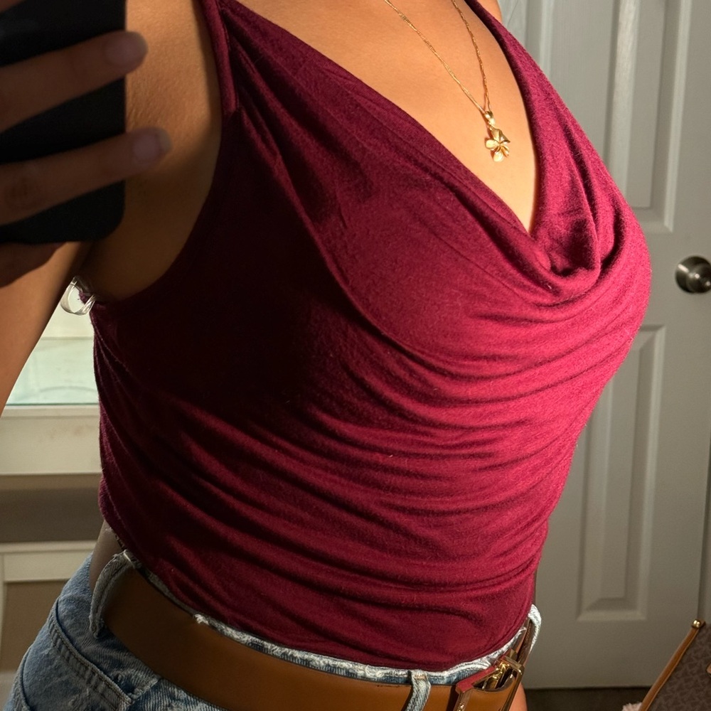 Sensual Burgundy Drape Neck Bodysuit Top